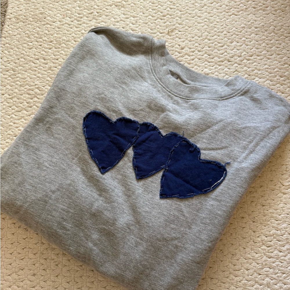 Gray Sweatshirt with Blue Heart Patches